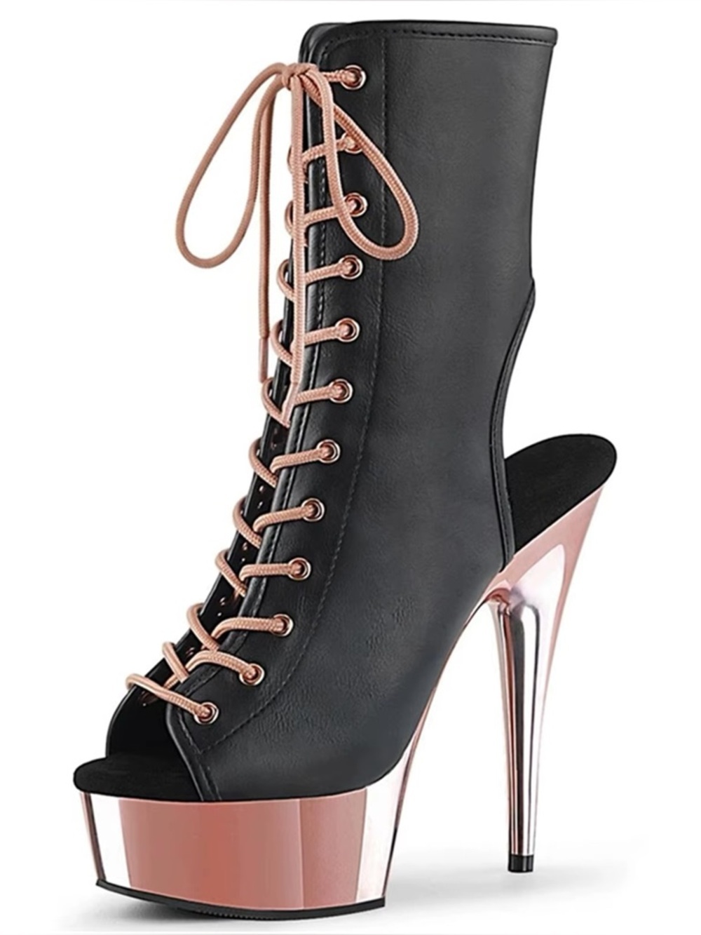 PLEASER DELIGHT 1016 ROSE GOLD BLACK FAUX LEATHER LACE UP PLATFORM ANKLE BOOTS